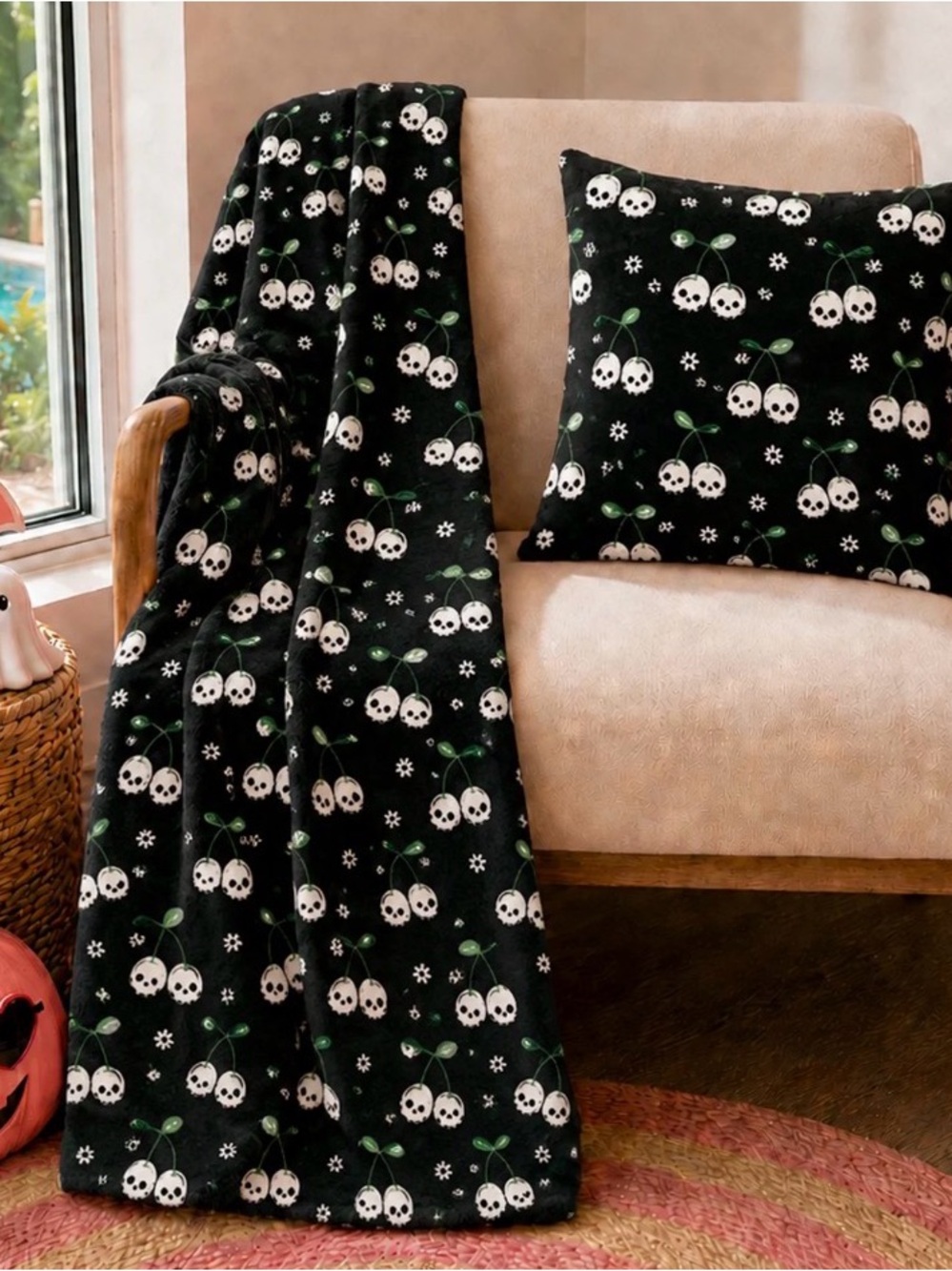Summerween Black Skull Cherry Plush Throw Blanket & Pillow Set